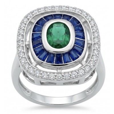 Art Deco 8.6 ctw Colombian Emerald Rhodium plated .925 Sterling Silver handcrafted Statement Ring size 9