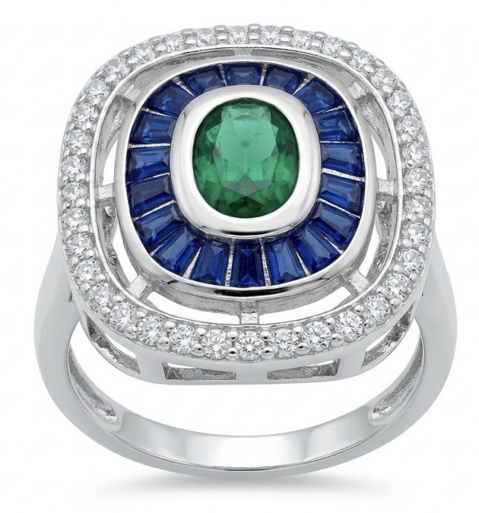 Art Deco 8.6 ctw Colombian Emerald Rhodium plated .925 Sterling Silver handcrafted Statement Ring size 9