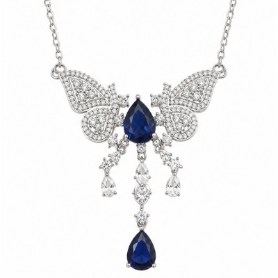 Vintage style - Blue Butterfly - pear cut 14.8 carat Sapphire .925 Sterling Silver handcrafted Statement Necklace