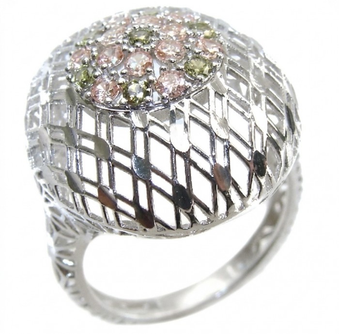Casablanca Italy made 1.8 carat Morganite Peridot .925 Sterling Silver brilliantly handcrafted ring s. 8