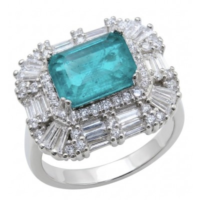 Elizabeth 5.2 carat Colombian Emerald .925 Sterling Silver dipped in Rhodium handcrafted Ring size 8