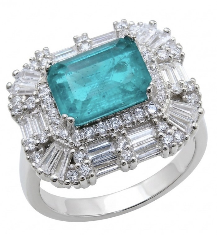 Elizabeth 5.2 carat Colombian Emerald .925 Sterling Silver dipped in Rhodium handcrafted Ring size 8