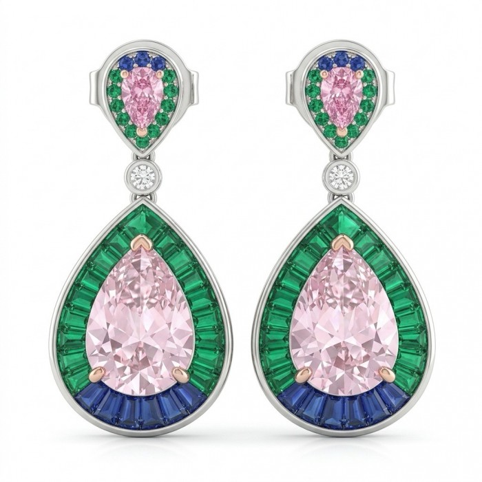 Emily - Art Deco - Precious genuine 12.2 carat Kunzite rhodium over .925 Sterling Silver handcrafted earrings