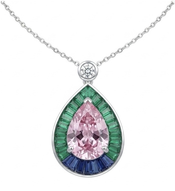 Emily - Art Deco - Precious genuine 10.2 carat Kunzite rhodium over .925 Sterling Silver handcrafted necklace