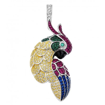 Exotic Parrot - 10.5 carat Ruby Emerald Sapphire 22K Gold over .925 Sterling Silver rhodium over handcrafted pendant