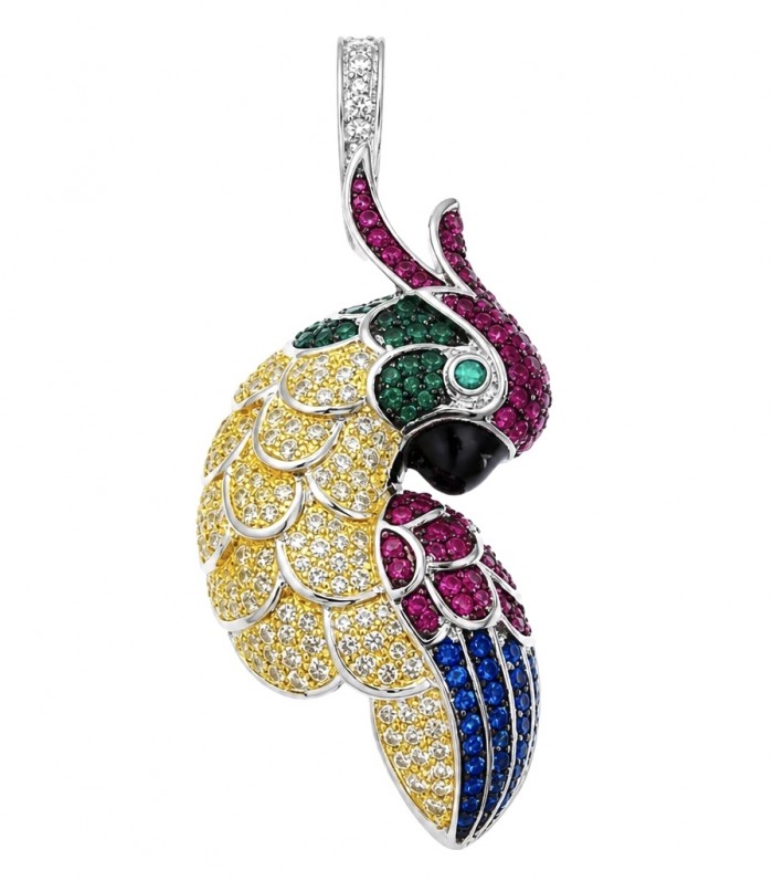 Exotic Parrot - 10.5 carat Ruby Emerald Sapphire 22K Gold over .925 Sterling Silver rhodium over handcrafted pendant