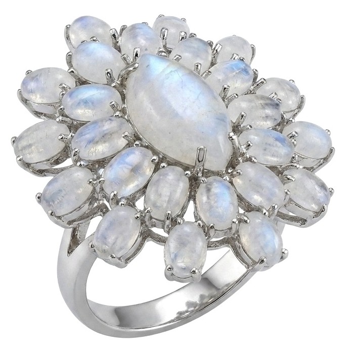 Large Blue Cascade 29.5 carat Rainbow Moonstone rhodium over .925 Sterling Silver handmade ring s. 8
