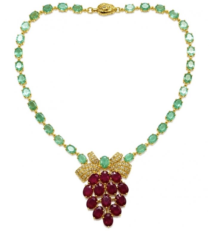 Juicy Strawberry 32.2 carat Natural Kasmir Ruby 21.5 carat Colombian Emerald .925 Sterling Silver dipped in 22K Gold handcrafted Statement necklace - video