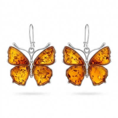 Golden Butterflies carved Baltic Polish Amber .925 Sterling Silver earrings