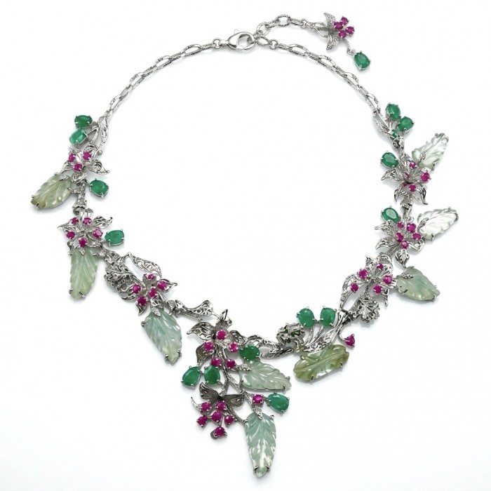 RARE BEAUTY! Valentina 168.2 carat CARVED Green Amethyst .925 Sterling Silver dipped in rhodium Statement Necklace