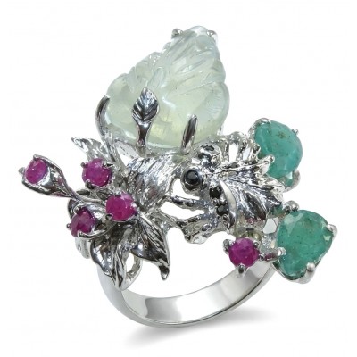 RARE BEAUTY! Valentina 28.2 carat CARVED Green Amethyst .925 Sterling Silver dipped in rhodium Statement handcrafted ring size 9 1/4