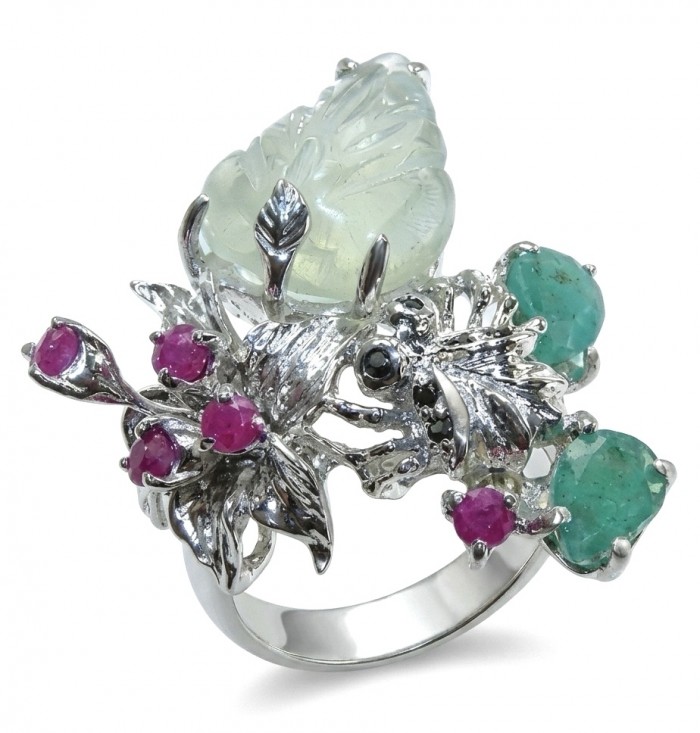 RARE BEAUTY! Valentina 28.2 carat CARVED Green Amethyst .925 Sterling Silver dipped in rhodium Statement handcrafted ring size 9 1/4