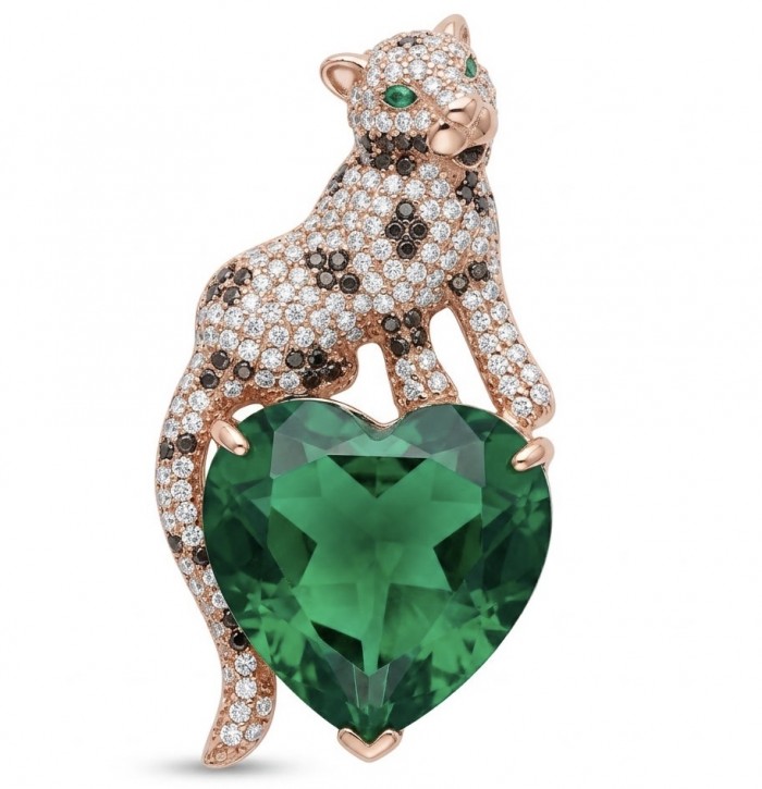 Precious Cheetah authentic 38.5 carat EMERALD .925 Sterling Silver dipped in 14K Rose Gold Handcrafted pendant brooch