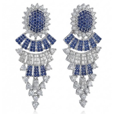Art Deco - Authentic 4.5 carat Sapphire rhodium over .925 Sterling Silver handcrafted earrings