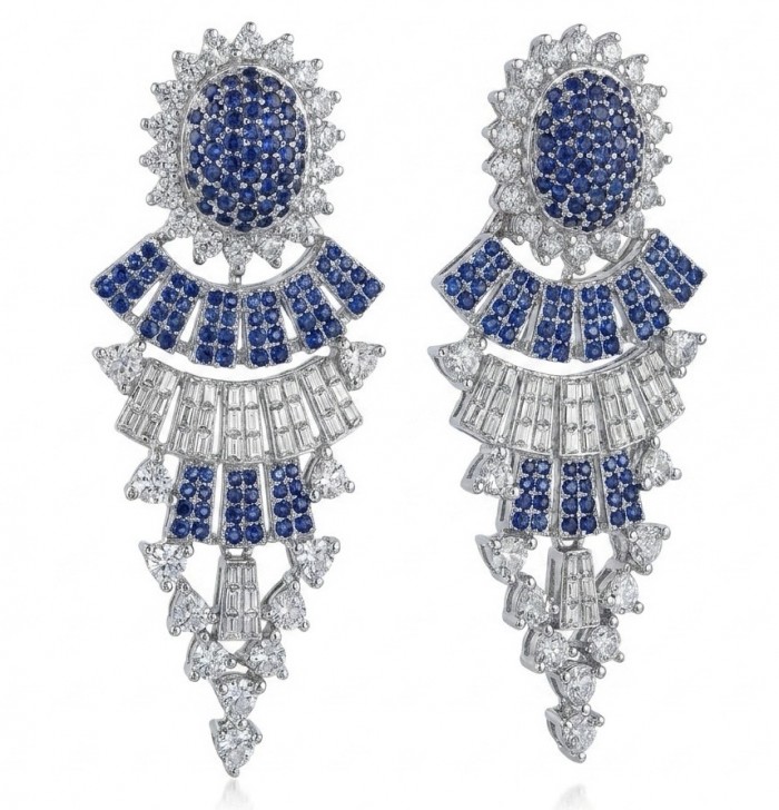 Art Deco - Authentic 4.5 carat Sapphire rhodium over .925 Sterling Silver handcrafted earrings