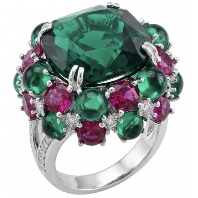 Iconic design - Natural 41.5 carat carved Emerald Ruby Sapphire rhodium over .925 Sterling Silver handcrafted ring size 7 1/4