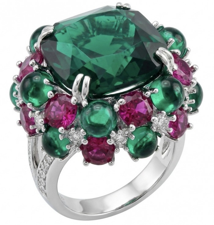 Iconic design - Natural 41.5 carat carved Emerald Ruby Sapphire rhodium over .925 Sterling Silver handcrafted ring size 7 1/4