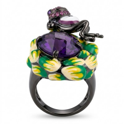 Lucky Frog 18 carat Amethyst Enamel black rhodium over .925 Sterling Silver HUGE Ring s. 8 3/4