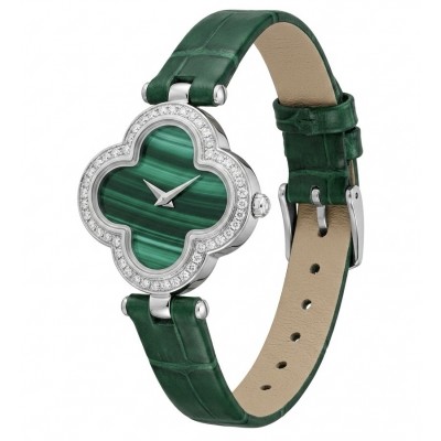 Precious 18.5 carat Authentic Four Leaf Clover Malachite Genuine Leather strap .925 Sterling Silver handmade Watch