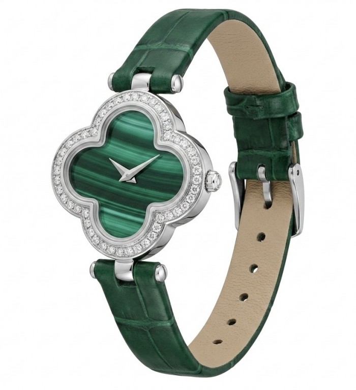 Precious 18.5 carat Authentic Four Leaf Clover Malachite Genuine Leather strap .925 Sterling Silver handmade Watch