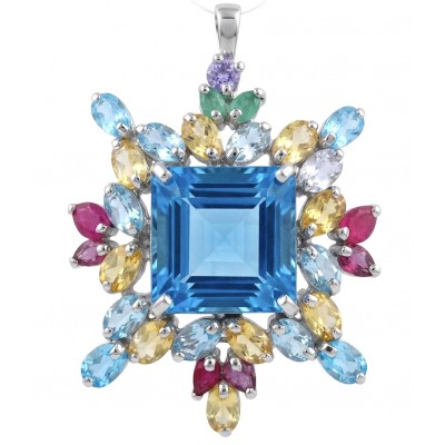 Oceania princess cut 30.8 carat Swiss Blue Topaz .925 Sterling Silver dipped in rhodium Handcrafted Pendant Brooch