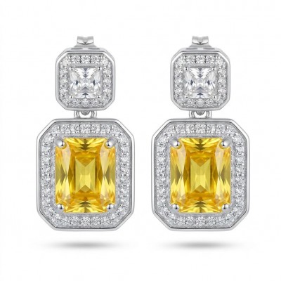 Art Deco - Luxurious baquette cut 8.5 carat Yellow Sapphire rhodium over .925 Sterling Silver handcrafted earrings