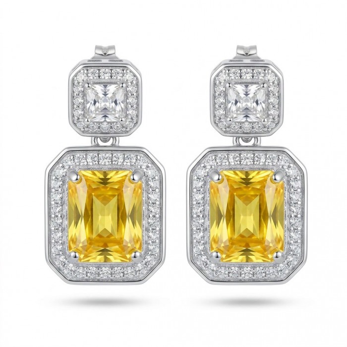 Art Deco - Luxurious baquette cut 8.5 carat Yellow Sapphire rhodium over .925 Sterling Silver handcrafted earrings