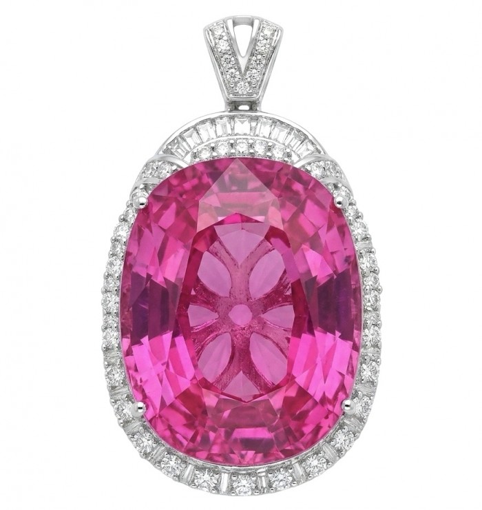 Angel's Wish Luxurious 36.7 carat Pink Sapphire Rhodium over .925 Sterling Silver handcrafted pendant