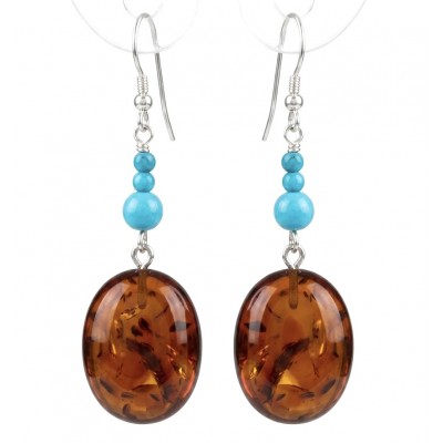 Golden Honey Drops authentic Baltic Amber Turquoise .925 Sterling Silver earrings