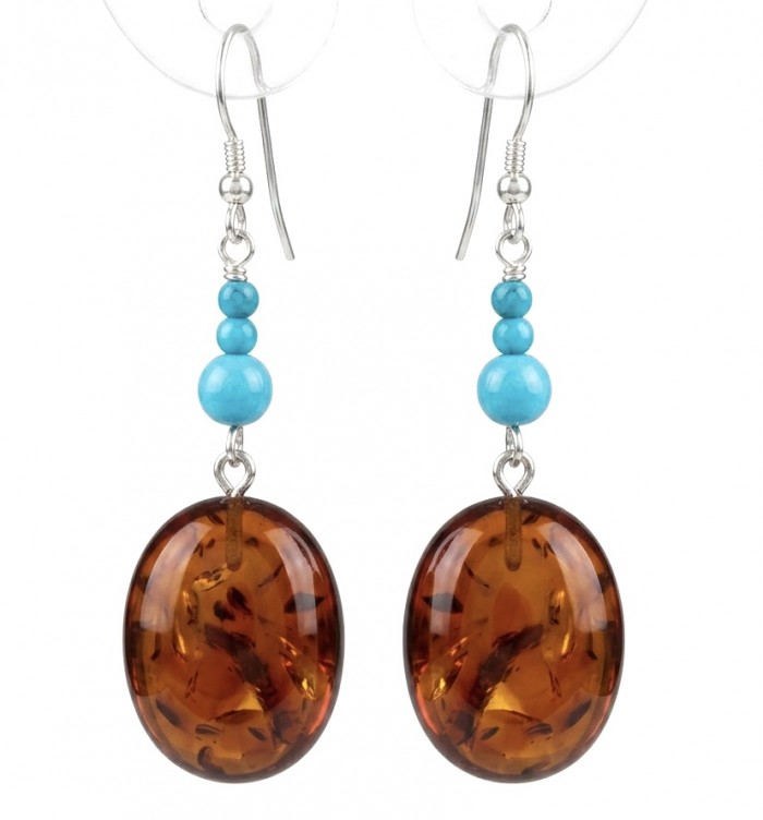 Golden Honey Drops authentic Baltic Amber Turquoise .925 Sterling Silver earrings
