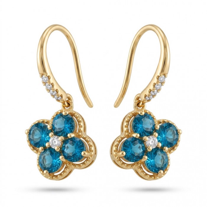 Clover 6.5 carat London Blue Topaz 18K Gold over .925 Sterling Silver handcrafted earrings