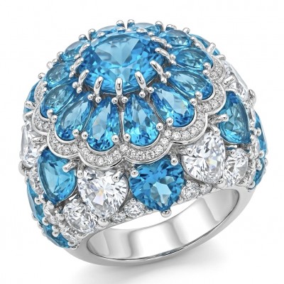 Blue Cascade Natural 14.8 carat Swiss Blue Topaz .925 Sterling Silver dipped in rhodium handmade Large Statement Ring size 6 1/4