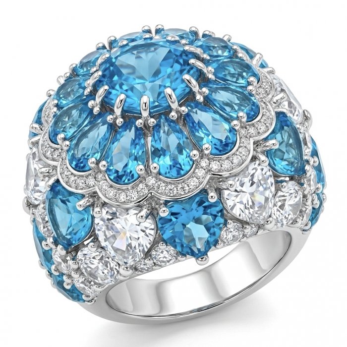 Blue Cascade Natural 14.8 carat Swiss Blue Topaz .925 Sterling Silver dipped in rhodium handmade Large Statement Ring size 6 1/4 - video
