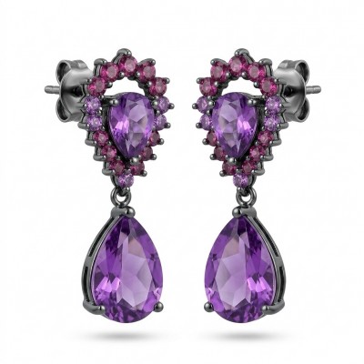 Natural 10.6 carat fancy pear cut Amethyst black rhodium over .925 Sterling Silver handmade earrings