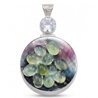 Large 3 1/2 inches long Rainbow Abalone Prehnite Silver Tone handcrafted Pendant