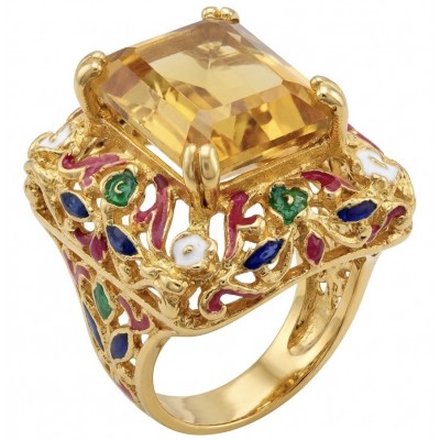 Esperanza - Luxurious 18.2 Lemon Quartz Enamel 22K Gold over .925 Sterling Silver handmade ring size 6