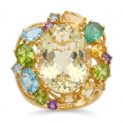 Dolce Vita - Natural 32.8 carat Citrine .925 Sterling Silver dipped in 22K Gold handcrafted Statement LARGE ring; s. 8