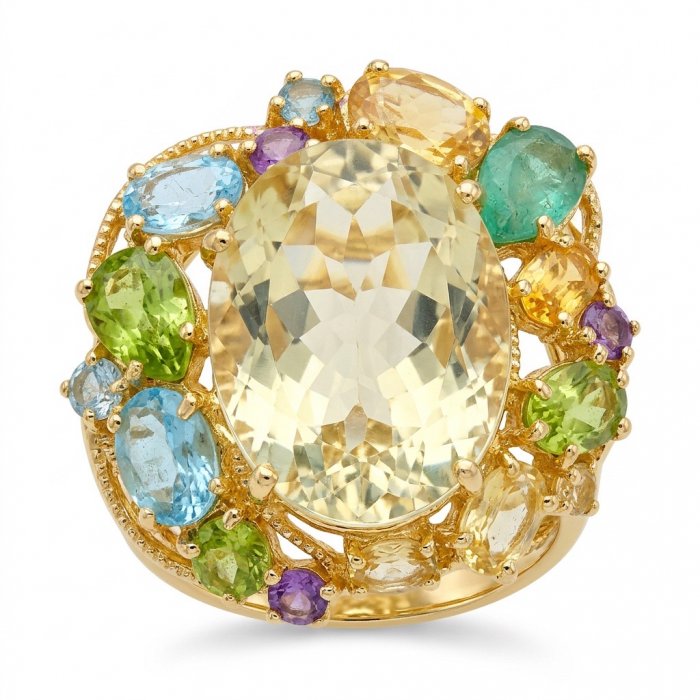 Dolce Vita - Natural 32.8 carat Citrine .925 Sterling Silver dipped in 22K Gold handcrafted Statement LARGE ring; s. 8 - video