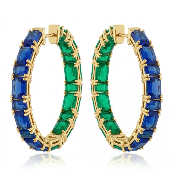 Luxurious 9.5 carat Emerald Sapphire 22K Gold over .925 Sterling Silver handcrafted inside - out earrings