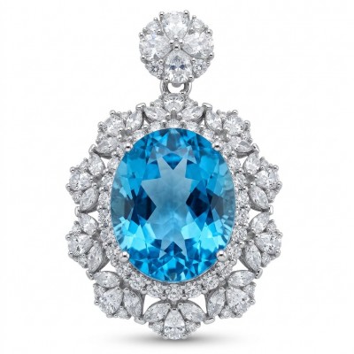 Tiffany Incredible oval cut 20.4 carat Swiss Blue Topaz rhodium over .925 Sterling Silver handcrafted pendant