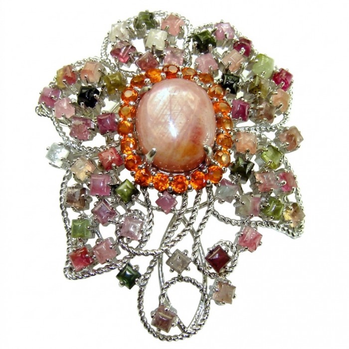 Vintage style 72.5 carat authentic Brazilian Watermelon Tourmaline .925 Sterling Silver dipped in rhodium handmade Pendant - Brooch