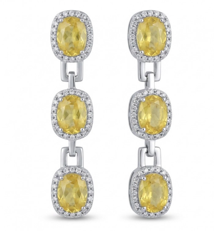 Luxurious - 24.4 carat Yellow Sapphire from Ceylon .925 Sterling Silver dipped in Rhodium handcrafted earrings