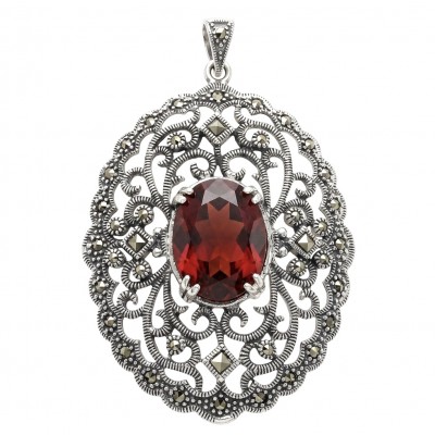 Vintage Style - Precious - Genuine 14.5 carat Ruby Marcasite Rhodium over .925 Sterling Silver handmade Pendant