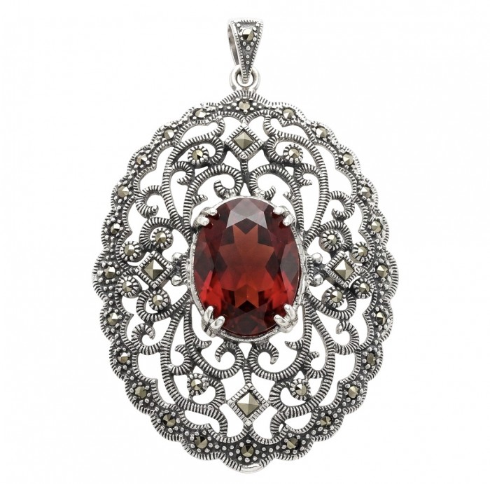 Vintage Style - Precious - Genuine 14.5 carat Ruby Marcasite Rhodium over .925 Sterling Silver handmade Pendant