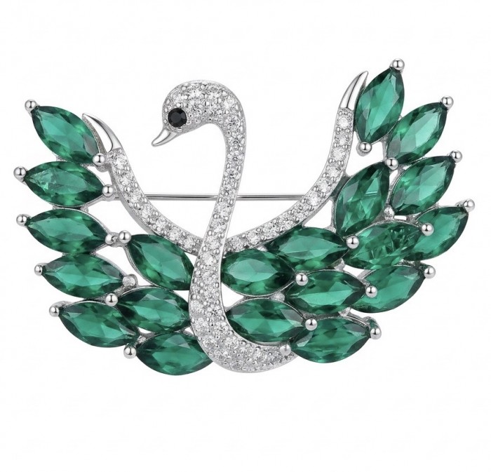 Graceful Swan Genuine 19.5 carat Colombian Emerald .925 Sterling Silver handmade Pendant - Brooch