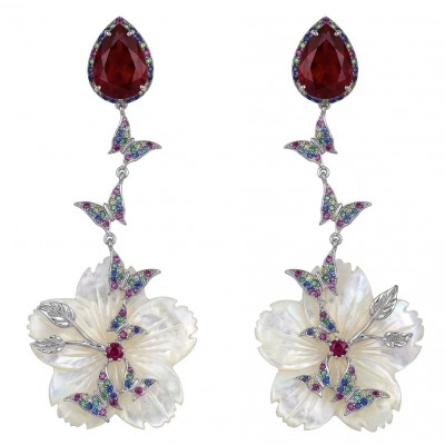 Summer Flowers Blister Pearl Red Topaz 18K Rose Gold over .925 Sterling Silver handcrafted Earrings