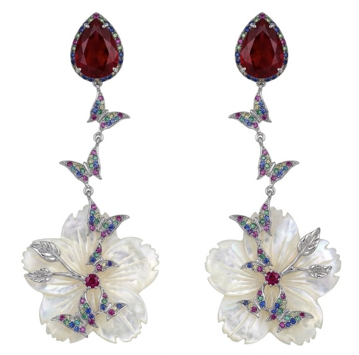 Summer Flowers Blister Pearl Red Topaz 18K Rose Gold over .925 Sterling Silver handcrafted Earrings