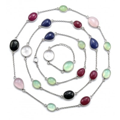 Emily 30 inches Natural authentic Multigems .925 Sterling Silver handmade Station Necklace
