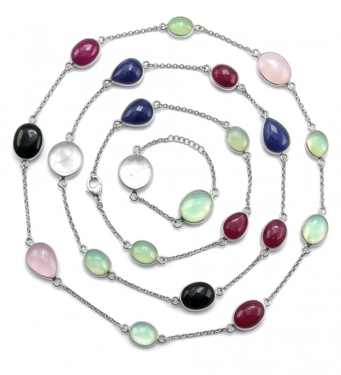 Emily 30 inches Natural authentic Multigems .925 Sterling Silver handmade Station Necklace