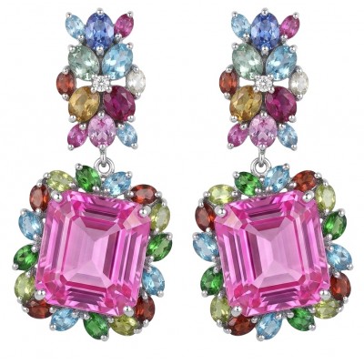 Large - Tiffany - authentic 41.5 carat Pink Sapphire rhodium over .925 Sterling Silver handcrafted Statement Earrings